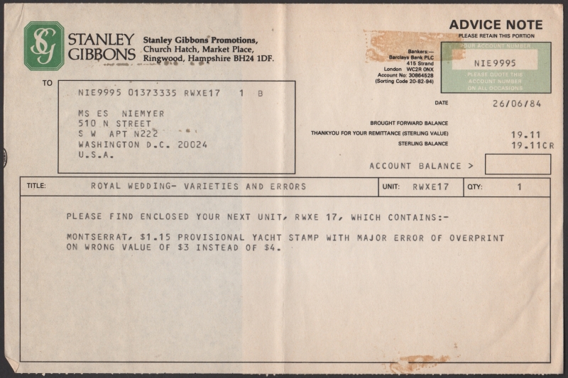Invoice Description of Contents for Stanley Gibbons Promotions RWXE-17