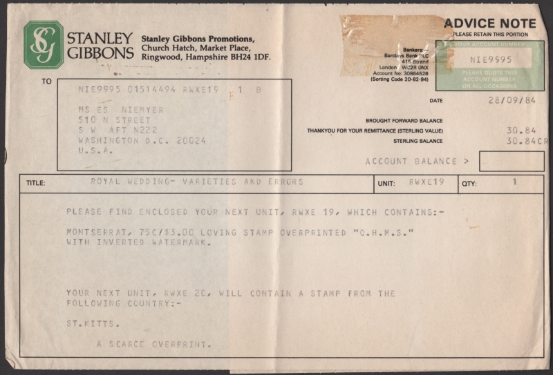 Invoice Description of Contents for Stanley Gibbons Promotions RWXE-19