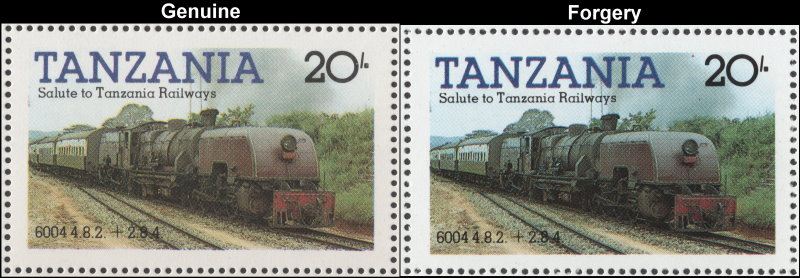 Tanzania 1985 Locomotives Fake with Original 20L Stamp Comparison