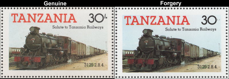 Tanzania 1985 Locomotives Fake with Original 30L Stamp Comparison