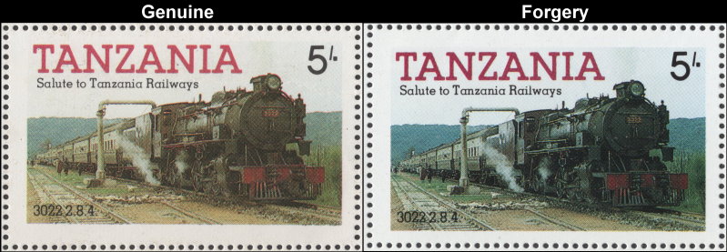 Tanzania 1985 Locomotives Fake with Original 5L Stamp Comparison