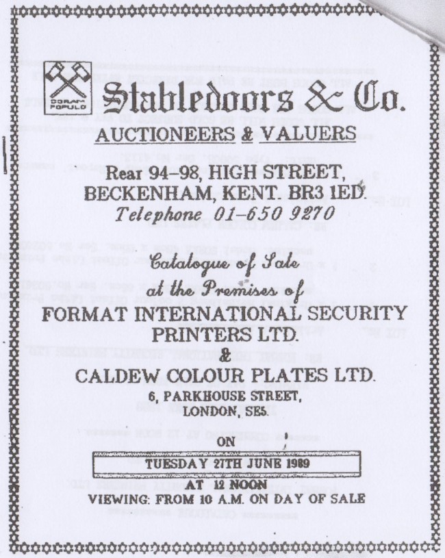 View of Front Page of Auctioneer Catalog of Sale of the Printing Presses owned by the Format International Security Printers