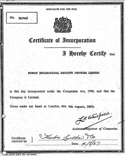 View of the Format International Security Printers Incorporation Document