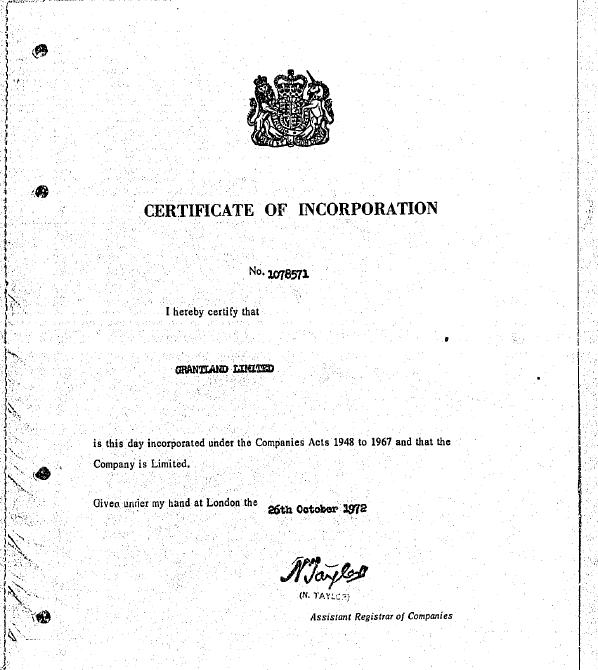 Image of Grantland Limited Incorporation Document