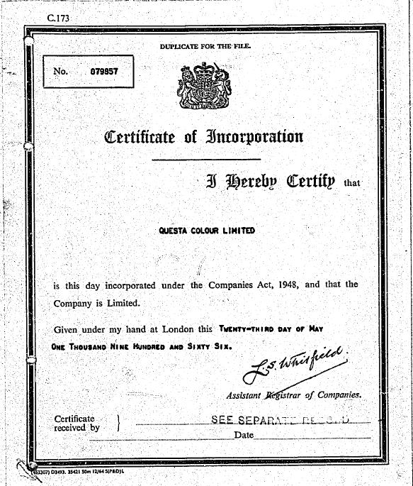 Image of Questa Colour Limited Incorporation Document