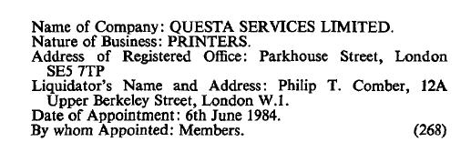 View of liquidation notice in the London Gazette June 27, 1984 showing Questa Services Ltd location