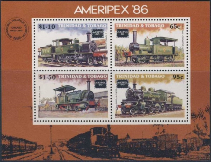 1986 AMERIPEX '86 International Stamp Exhibition, Trinidad Railway Locomotives Souvenir Sheet