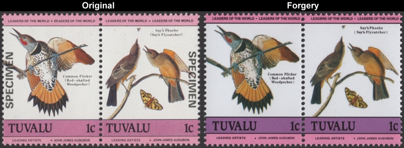 Tuvalu 1985 Leaders of the World Audubon Birds 1c Fake with Original 1c Stamp Comparison