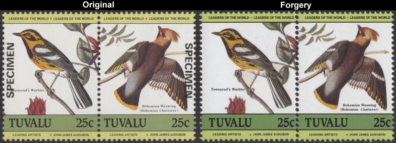 Tuvalu 1985 Leaders of the World Audubon Birds 25c Fake with Original 25c Stamp Comparison