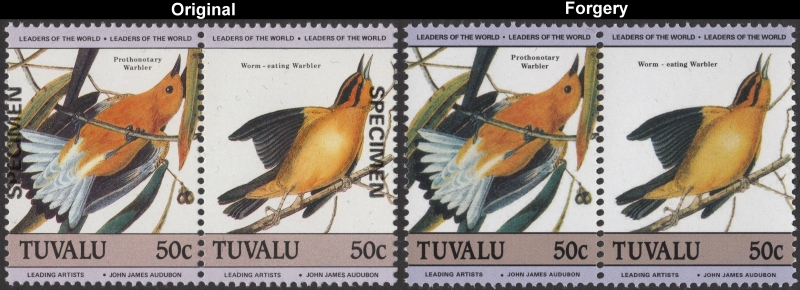 Tuvalu 1985 Leaders of the World Audubon Birds 50c Fake with Original 50c Stamp Comparison