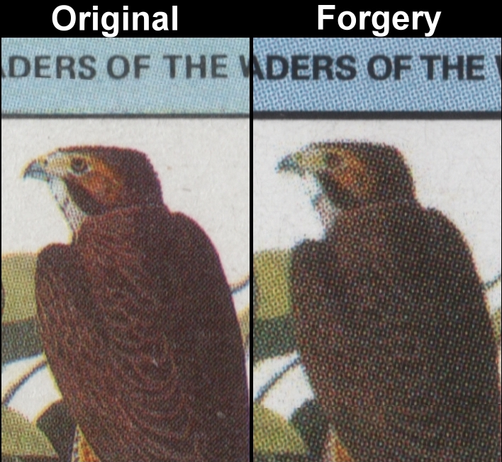 Tuvalu 1985 Audubon Birds Fake with Original Screen and Color Comparison