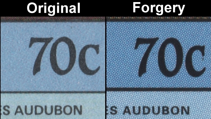 Tuvalu 1985 Audubon Birds Fake with Original Comparison of the Fonts