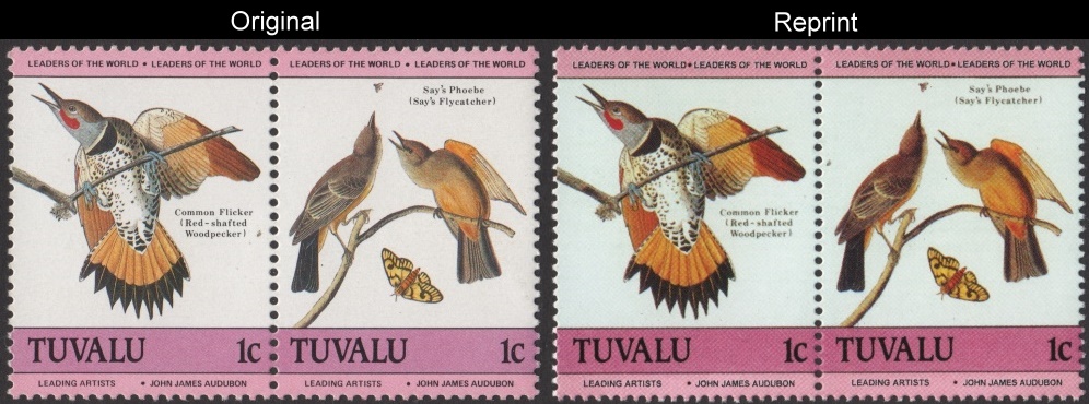The Unauthorized Reprint Tuvalu 1985 Audubon Birds Scott 279 Pair with Original Pair for Comparison