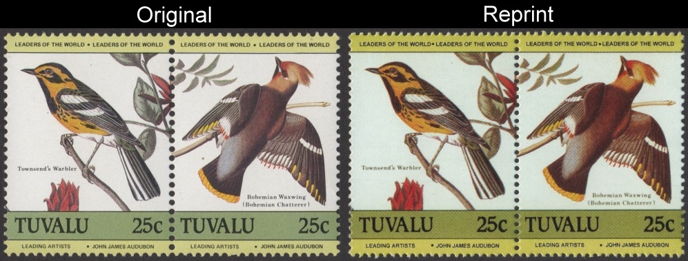 The Unauthorized Reprint Tuvalu 1985 Audubon Birds Scott 280 Pair with Original Pair for Comparison
