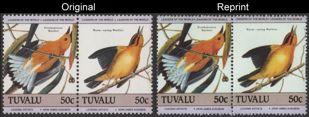 The Unauthorized Reprint Tuvalu 1985 Audubon Birds Scott 281 Pair with Original Pair for Comparison