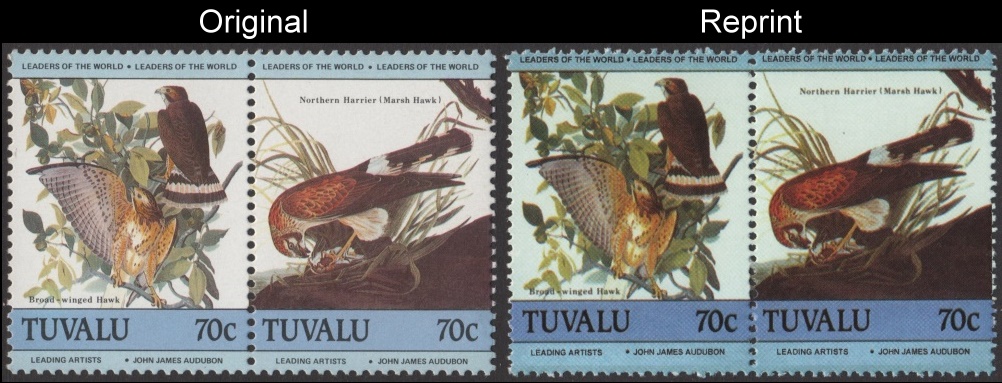 The Unauthorized Reprint Tuvalu 1985 Audubon Birds Scott 282 Pair with Original Pair for Comparison