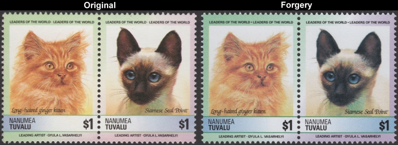 Tuvalu Nanumea 1985 Leaders of the World Cats Forgeries with Genuine $1 Stamp Comparison