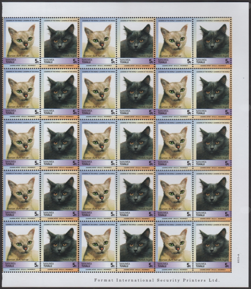 Tuvalu Nanumea 1985 Cats Right Side of Stamp Forgery Pane