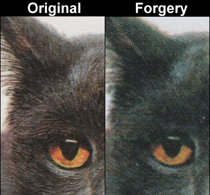 Tuvalu Nanumea 1985 Cats 5c Turkish Angora Cat Fake with Original Screen and Color Comparison