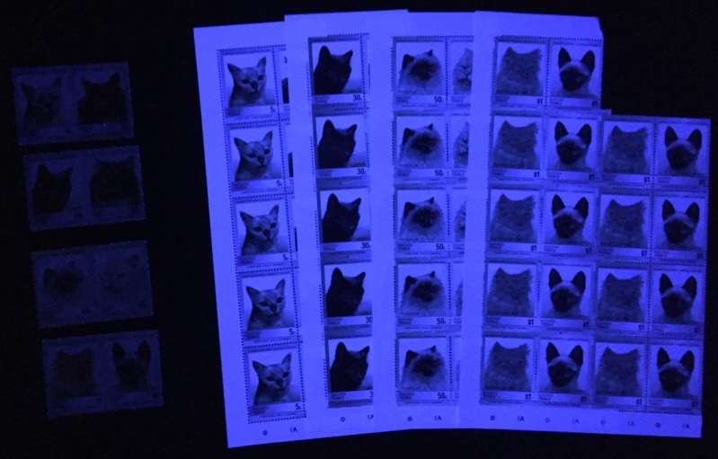 Tuvalu Nanumea 1985 Cats Comparison of Forgeries with Genuine Stamps Under Ultra-violet Light