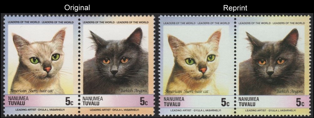 The Unauthorized Reprint Tuvalu Nanumea 1985 Cats Scott 29 Pair with Original Pair for Comparison