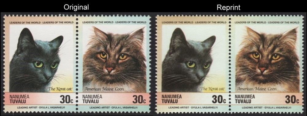The Unauthorized Reprint Tuvalu Nanumea 1985 Cats Scott 30 Pair with Original Pair for Comparison