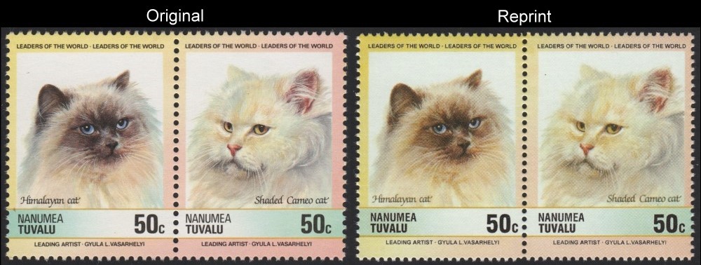 The Unauthorized Reprint Tuvalu Nanumea 1985 Cats Scott 31 Pair with Original Pair for Comparison