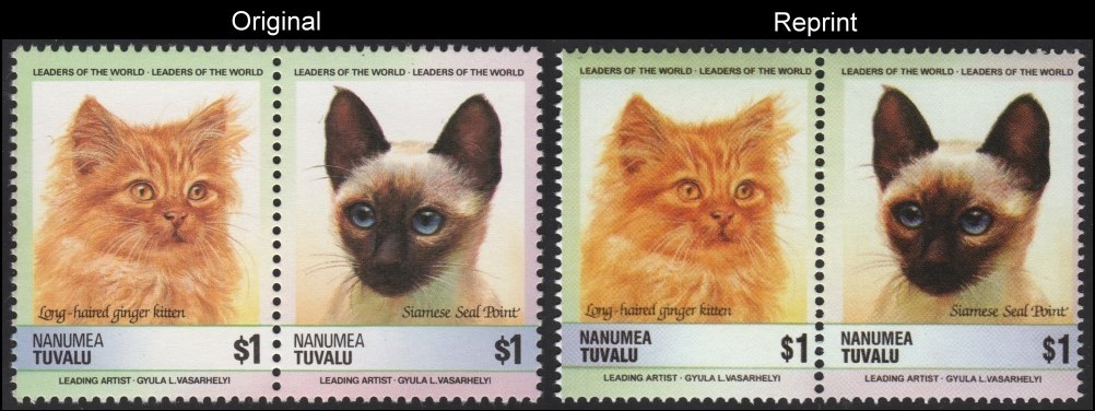 The Unauthorized Reprint Tuvalu Nanumea 1985 Cats Scott 32 Pair with Original Pair for Comparison