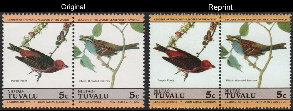 The Unauthorized Reprint Tuvalu Niutao 1985 Audubon Birds Scott 25 Pair with Original Pair for Comparison