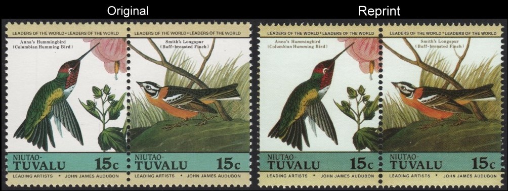 The Unauthorized Reprint Tuvalu Niutao 1985 Audubon Birds Scott 26 Pair with Original Pair for Comparison