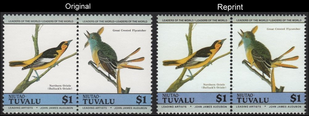 The Unauthorized Reprint Tuvalu Niutao 1985 Audubon Birds Scott 28 Pair with Original Pair for Comparison