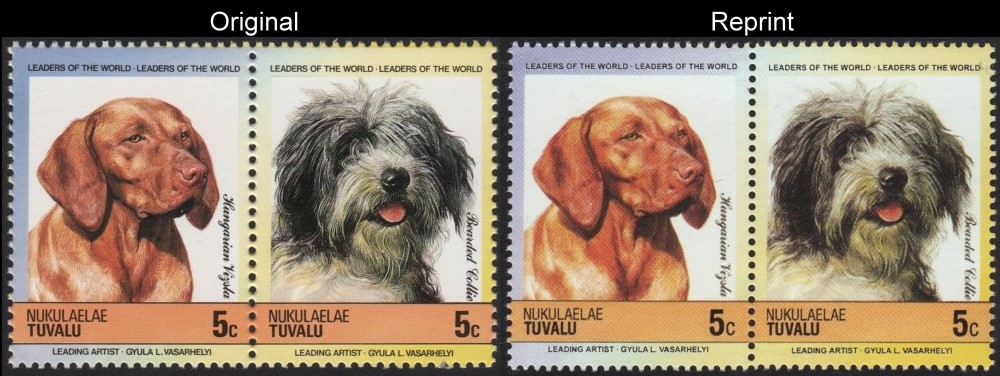 The Unauthorized Reprint Tuvalu Nukulaelae 1985 Dogs Scott 35 Pair with Original Pair for Comparison