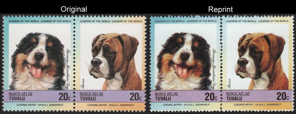 The Unauthorized Reprint Tuvalu Nukulaelae 1985 Dogs Scott 36 Pair with Original Pair for Comparison