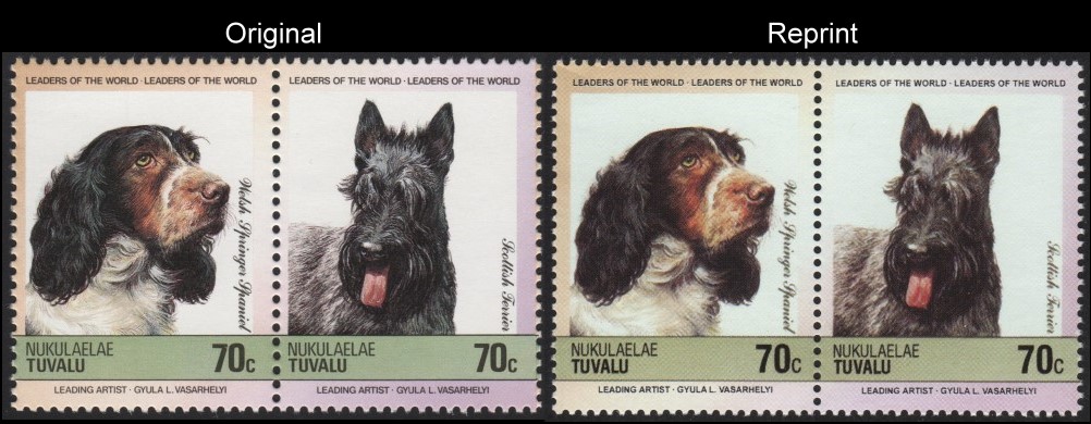 The Unauthorized Reprint Tuvalu Nukulaelae 1985 Dogs Scott 38 Pair with Original Pair for Comparison