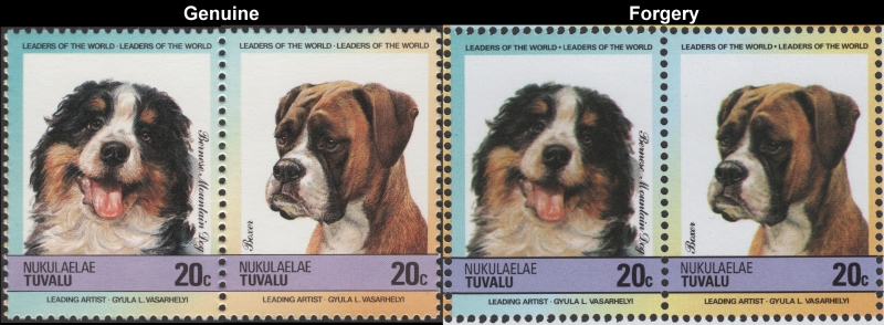 Tuvalu Nukulaelae 1985 Dogs Forgeries with Genuine 20c Stamp Comparison