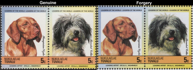 Tuvalu Nukulaelae 1985 Dogs Forgeries with Genuine 5c Stamp Comparison