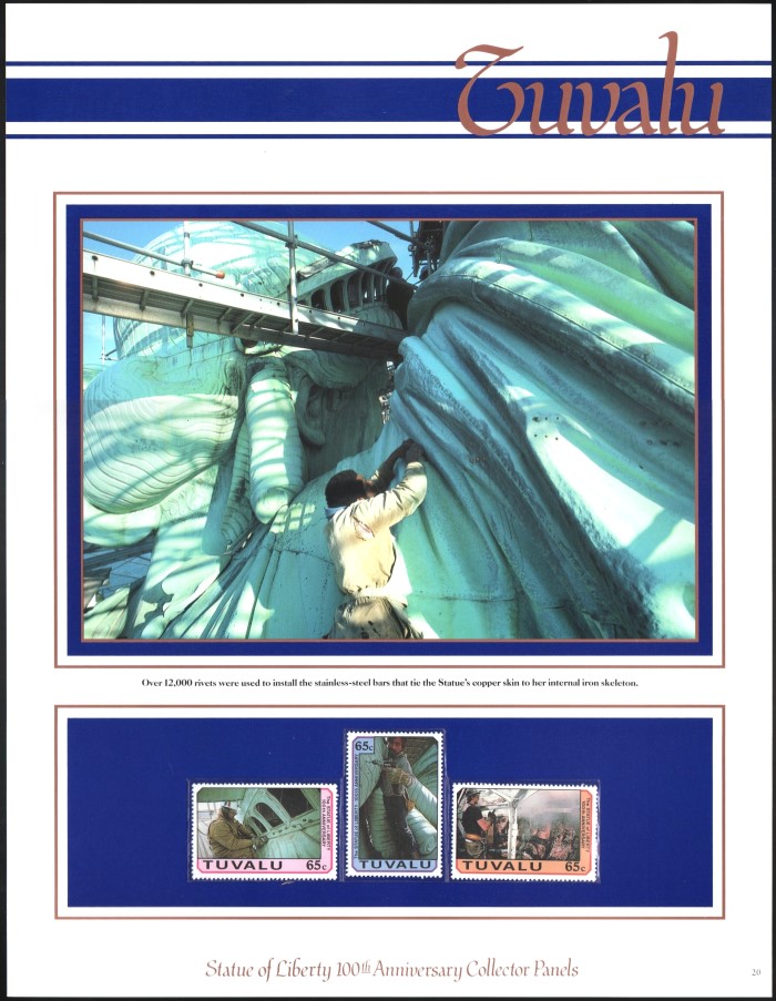 Original Postal Commemmorative Society Panel with Tuvalu Unissued Statue of Liberty Stamps