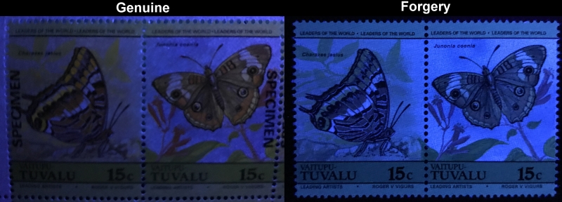 Tuvalu Vaitupu 1985 Leaders of the World Butterflies Comparison of 15c Forgery with Genuine 15c Stamp Under Ultra-violet Light