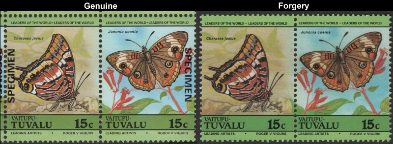 Tuvalu Vaitupu 1985 Butterflies 15c Forgeries with Genuine 15c Stamp Comparison