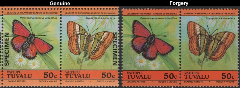 Tuvalu Vaitupu 1985 Butterflies 50c Forgeries with Genuine 50c Stamp Comparison