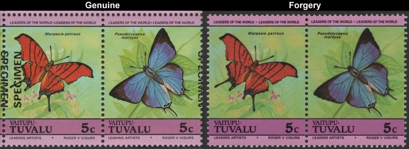 Tuvalu Vaitupu 1985 Butterflies 5c Forgeries with Genuine 5c Stamp Comparison