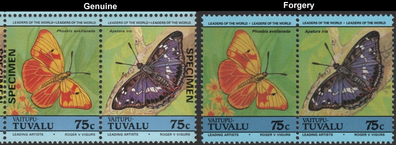 Tuvalu Vaitupu 1985 Butterflies 75c Forgeries with Genuine 75c Stamp Comparison