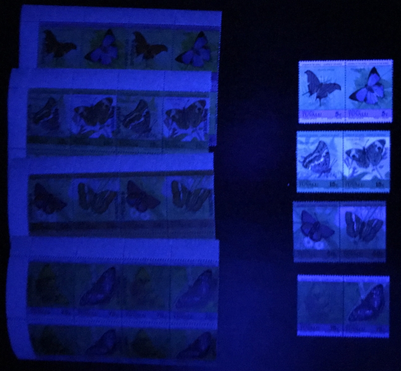Tuvalu Vaitupu 1985 Leaders of the World Butterflies Comparison of Forgeries with Genuine Stamps Under Ultra-violet Light