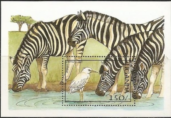 Uganda 1987 Birds and Animals Cattle Egret, Zebra Souvenir Sheet