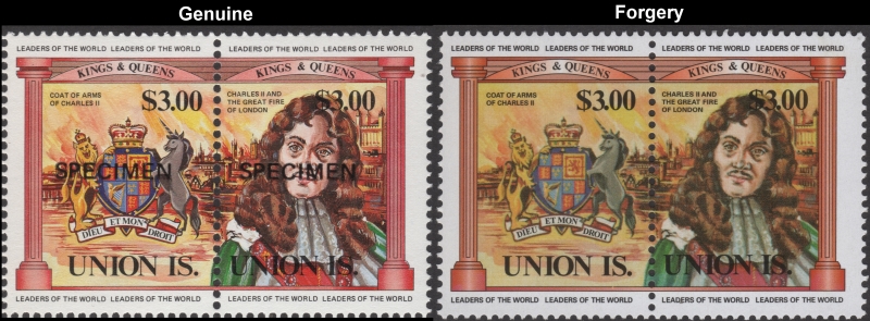 Saint Vincent 1984 British Monarchs $4.00 King George V and His Coat of Arms Fake with Original $4.00 Stamp Comparison
