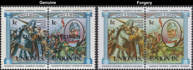 Saint Vincent 1984 British Monarchs 1c King George V and World War I Fake with Original 1c Stamp Comparison