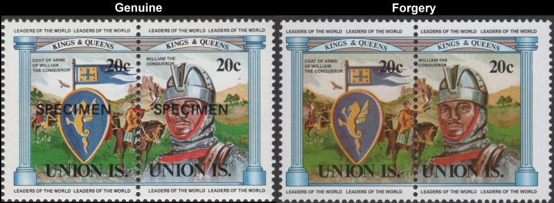 Saint Vincent 1984 British Monarchs 75c King Edward II and Berkeley Castle Fake with Original 75c Stamp Comparison
