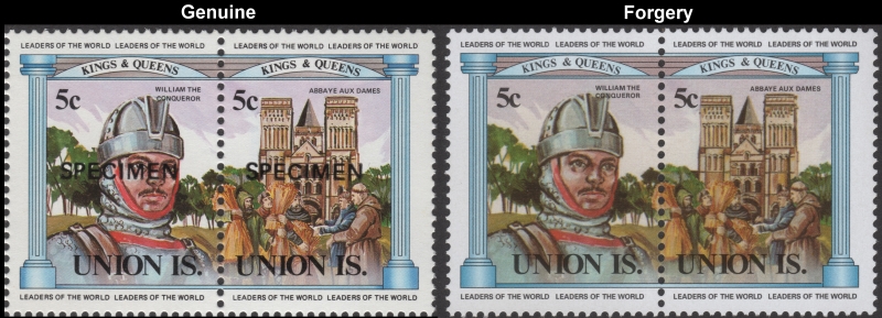Saint Vincent 1984 British Monarchs 5c King Edward II and the Battle of Bannockburn Fake with Original 5c Stamp Comparison