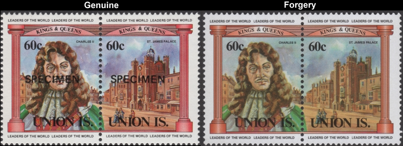 Saint Vincent 1984 British Monarchs $1.00 King Edward II and His Coat of Arms Fake with Original $1.00 Stamp Comparison