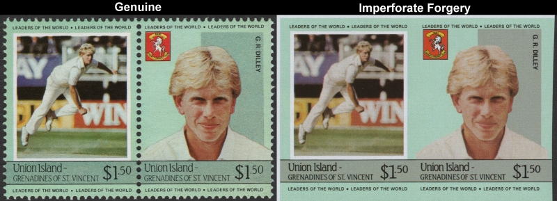 Saint Vincent Union Island 1984 Cricket Players $1.50 G.R. Dilley Forgery with Genuine $1.50 Stamp Comparison